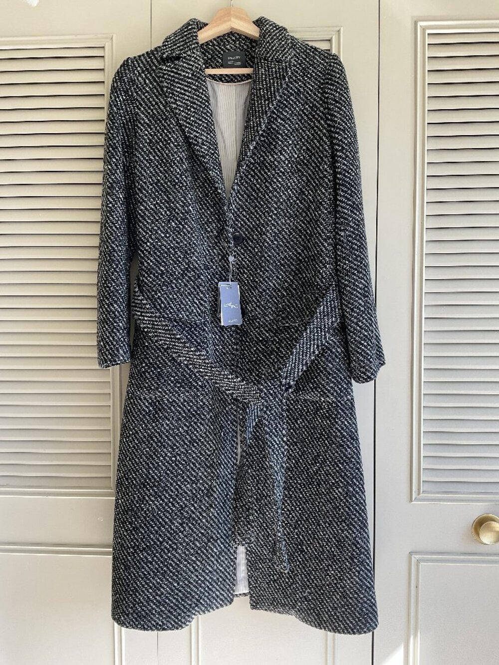 Wool blend twill longline belted coat